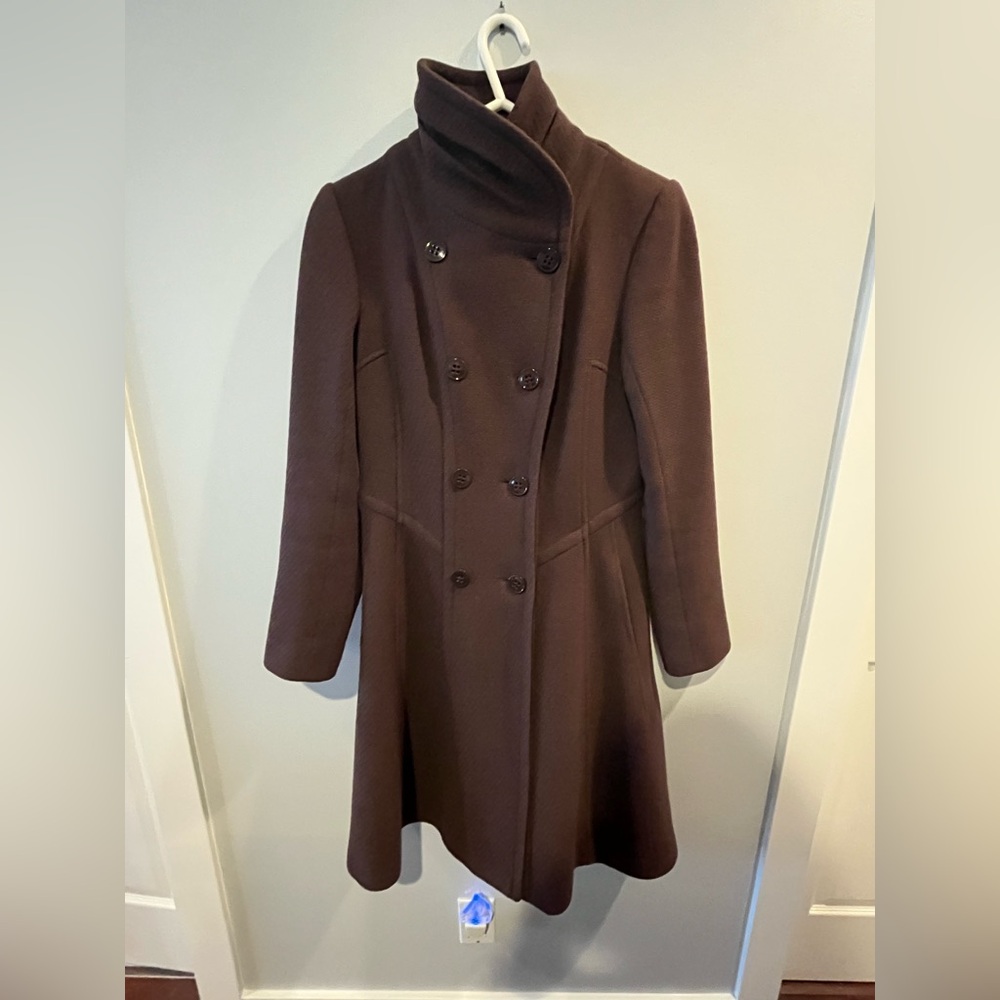 Reiss Women’s size M, aubergine wool frock coat, 3/4 length.